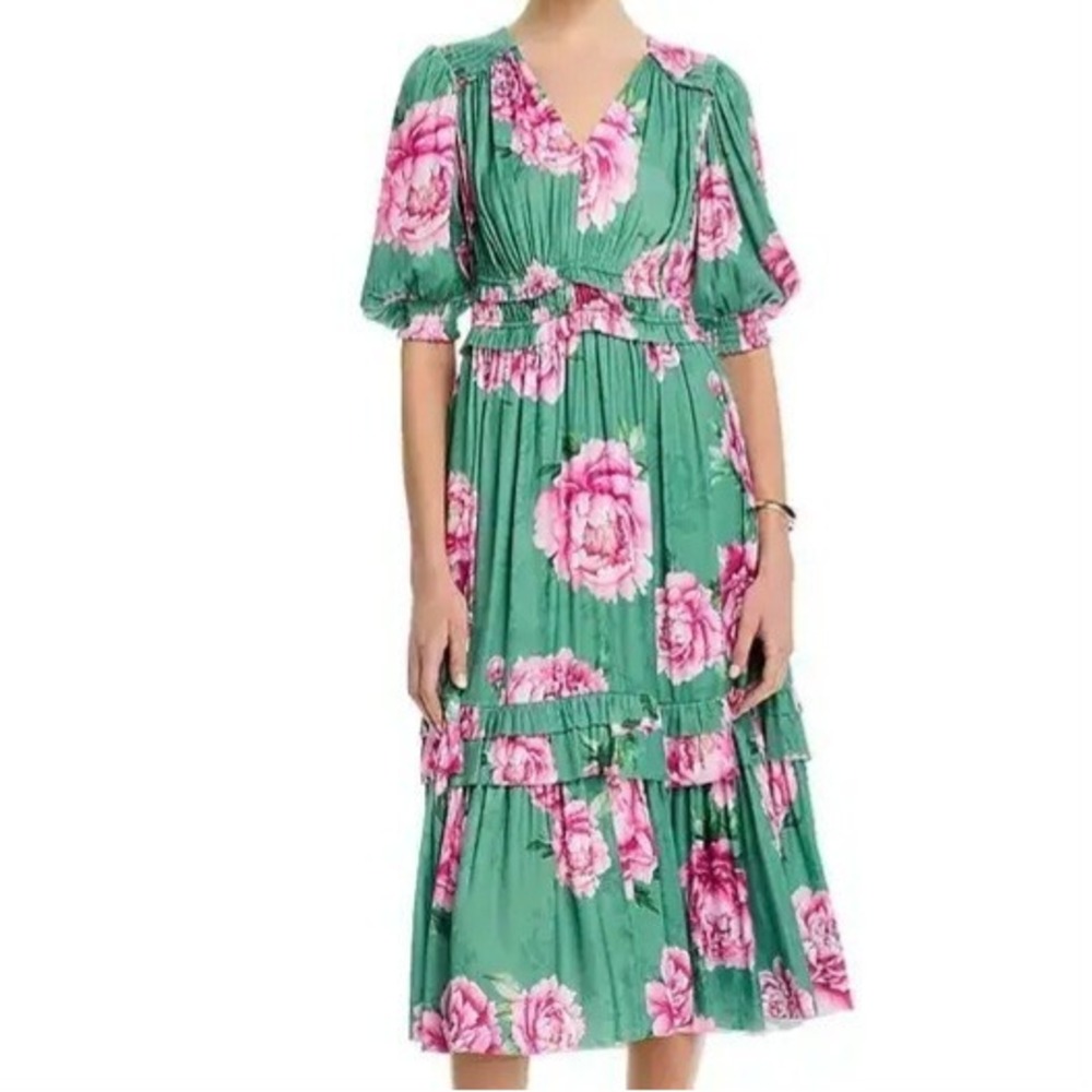 Tahari Floral Fit & Flare V Neck Pink Bouquet Garden Half Sleeve Dress Womens M
